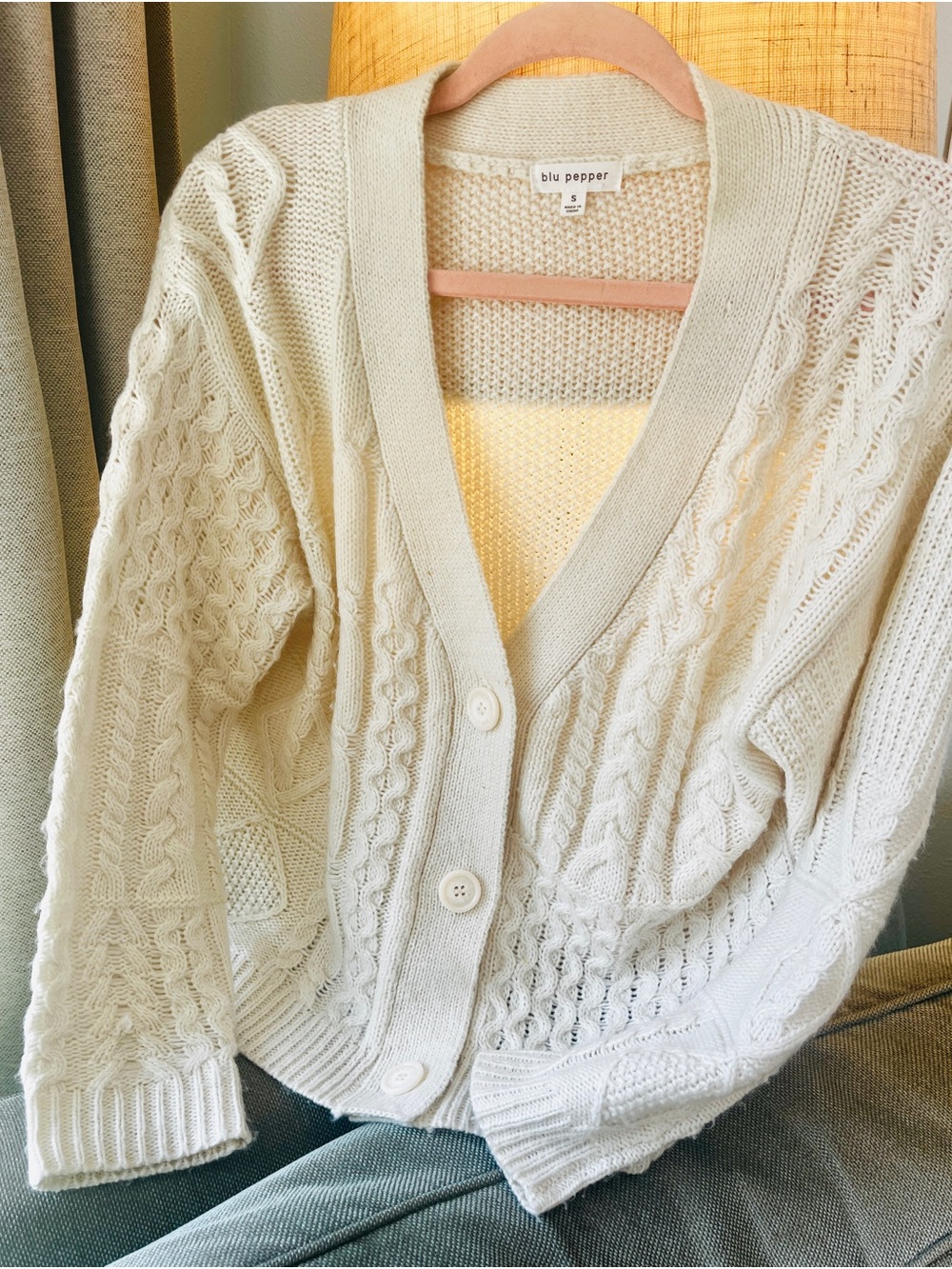 Blu Pepper Cream Cable-Knit Button Cardigan